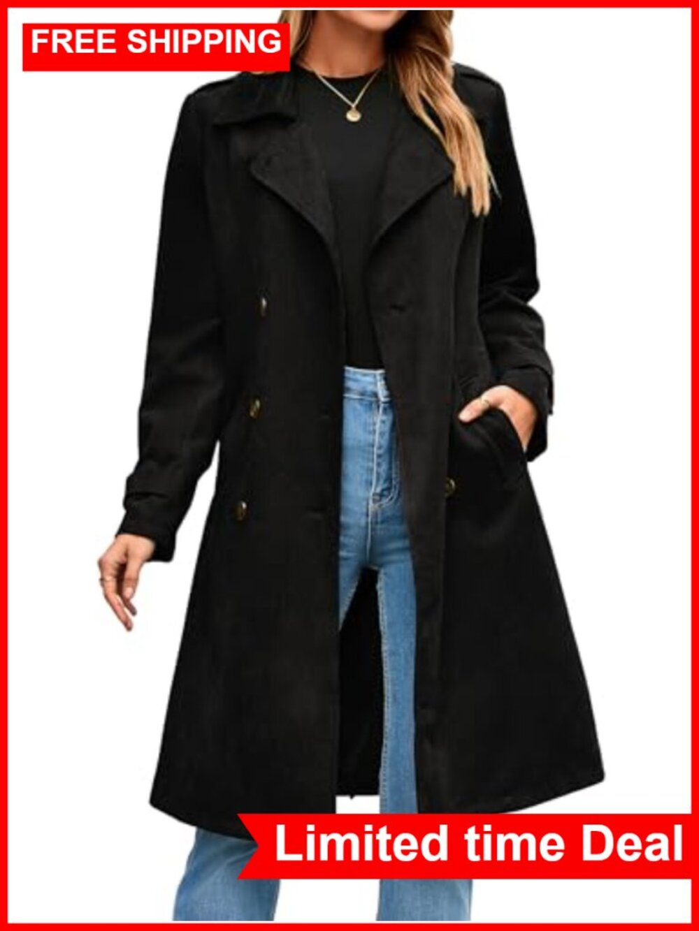 Faux Suede Trench Coat Double Breasted Belted Long Work Office
